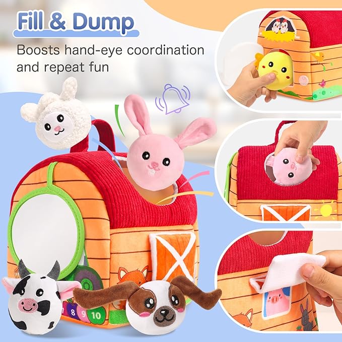 Baby Toys 6-12 Months, Plush Barn with Stuffed Farm Animals, Sensory Rattle, Mirror, Crinkle, Montessori Toys for 6 Month Old Babies for Infant & Toddler 1-3 Boy and Girls