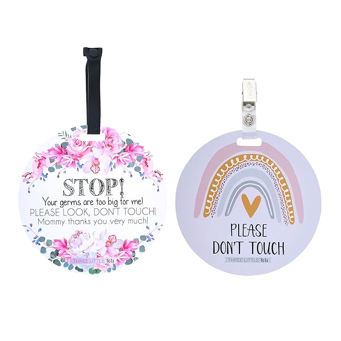 (Three Little Tots) No Touching Baby Car Seat and Stroller Two Pack- Baby Safety No Touching Car Seat Sign, Stroller Sign, Newborn Car Seat Tag- CPSIA Safety Tested (Flower/Rainbow)
