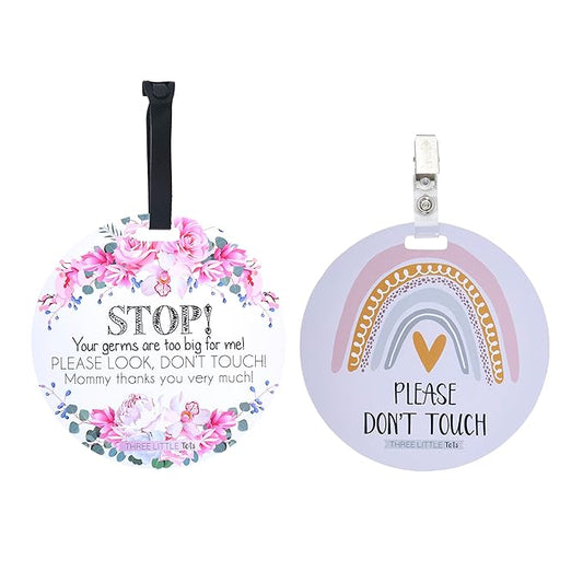 (Three Little Tots) No Touching Baby Car Seat and Stroller Two Pack- Baby Safety No Touching Car Seat Sign, Stroller Sign, Newborn Car Seat Tag- CPSIA Safety Tested (Flower/Rainbow)