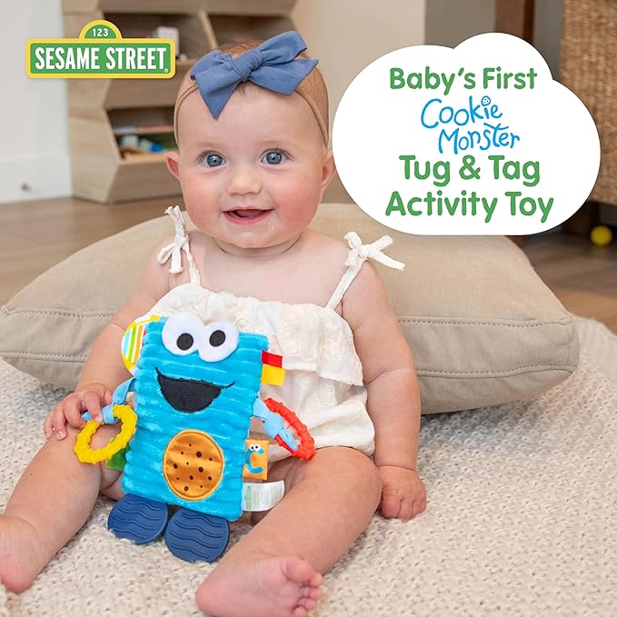 Kids Preferred Sesame Street Cookie Monster Tug & Tag Plush Sensory Toy for Newborns