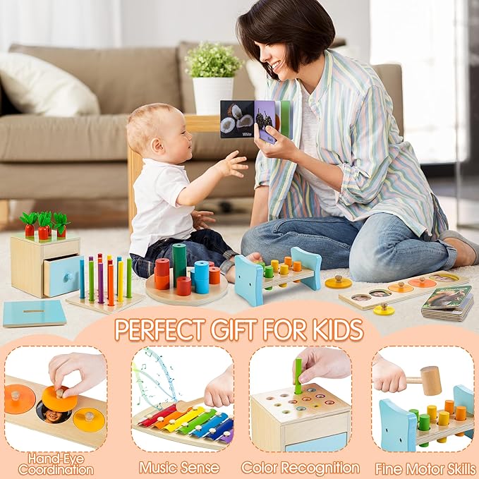 WOODMAM Wooden Montessori Toys for 1+ Year Old, 9 in 1 Learning Educational Toys for Toddler with Educational Box, Xylophone, Pound Bench, Shape Puzzle and More, Baby Toy Gift for 13-18 Months