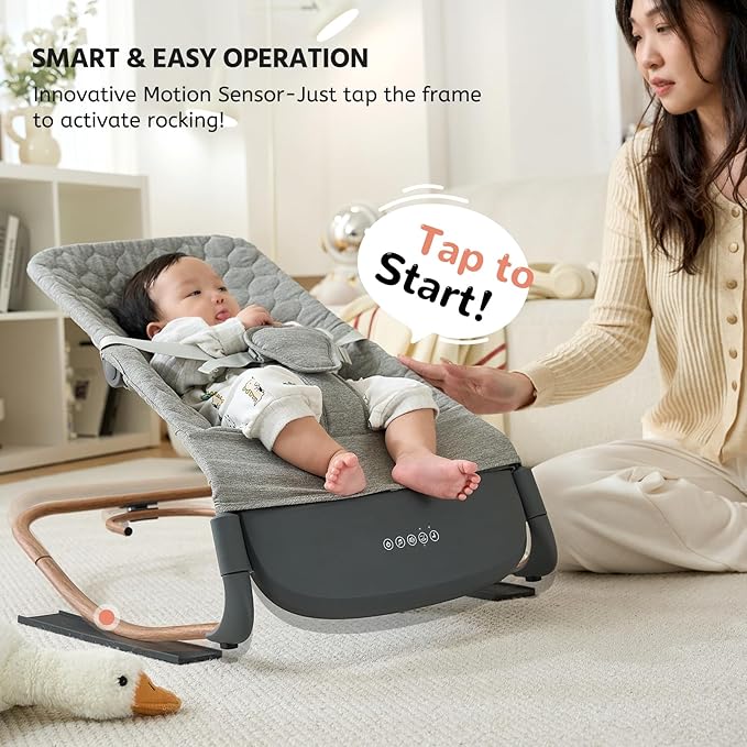 VaVaSoo 2-in-1 Electric Baby Rocker & Toddler Chair (up to 40 lbs), Dual Powered (Type-C or Battery), Motion Sensing Auto-Rocking Adjustable Support Bar for Stationary Seat, Music & Timer