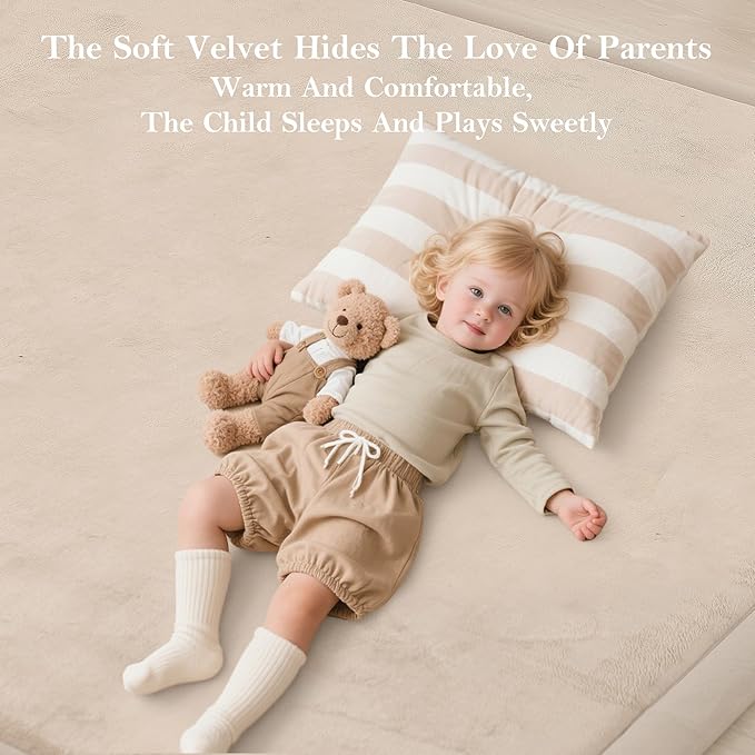 Baby Play Mat for Floor, 1.3"Thick Extra Large Cushioning Memory Foam Playpen Mat, Soft Coral Velvet Baby Crawling Mat with Non-Slip Backing for Toddlers,Infants,Kids,Yoga Mat (Khaki 59"×79")