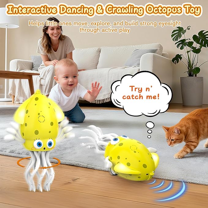 Electric Dancing Octopus Baby Toy with LED Light and Music, Dancing Squid Kids Toys Boys Girls Age 3-5 4-5, Automatic Obstacle Avoidance Birthday for Boys Girls