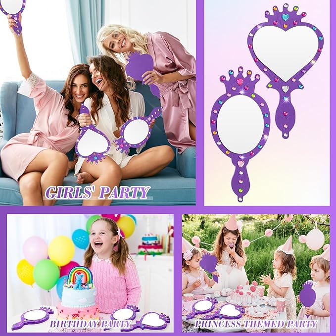 Geetery 20 Pcs Unbreakable Kids Mirror DIY Decorate Your Own Princess Mirror Mermaid Princess Foam Small Crafts for Princess Party Decorations(Purple)