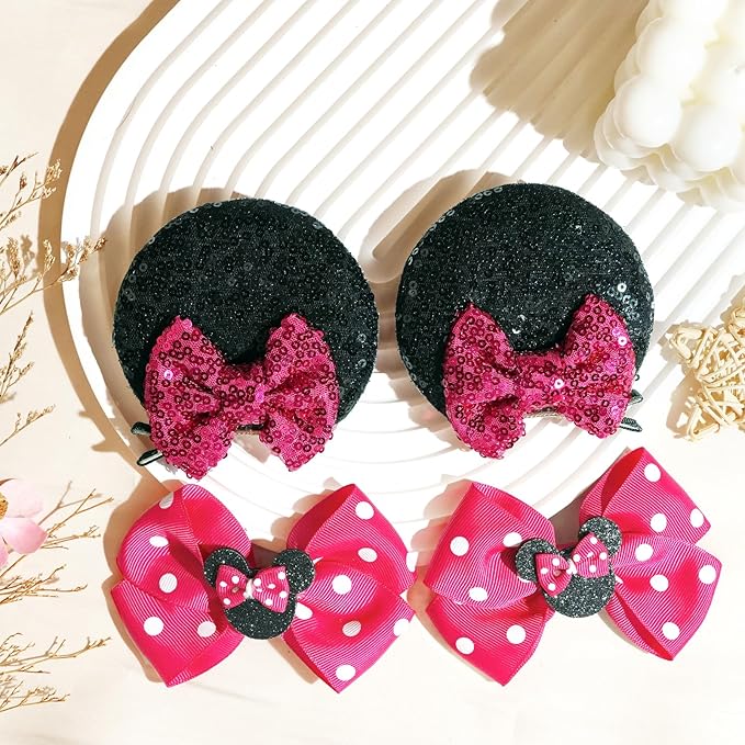 2 Pairs Rose Red Mouse Ears Hair Clips & Mouse Hair Bows Barrettes for baby Girls Accessories Birthday Party Decorations Gift