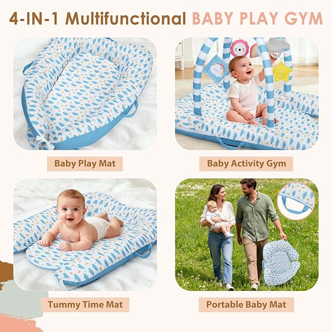 7-in-1 Baby Play Mat & Activity Gym, 0-12 Months Multi-Use Play Center with 5 Hanging Sensory Toys, Early Skill Building, Stars