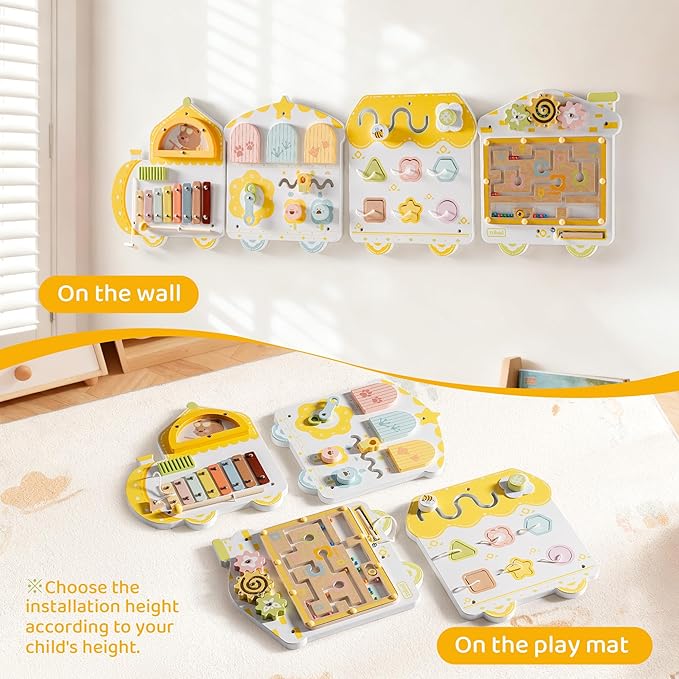 ROBUD Activity Wall Busy Board, Spring Train Montessori Busy Board, 12-in-1 Wooden Sensory Wall Panel, Montessori Sensory Wall Panel for Boys & Girls, Ideal for Toddler Playroom Nursery Classroom