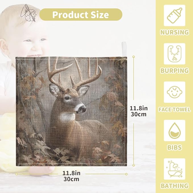 Forest Deer Baby Washcloths Newborn Muslin Burp Cloths 3 Pack Soft Cotton Baby Face Bath Towel Drool Bibs for Infants, Girls and Boys 11.8 x 11.8 Inch
