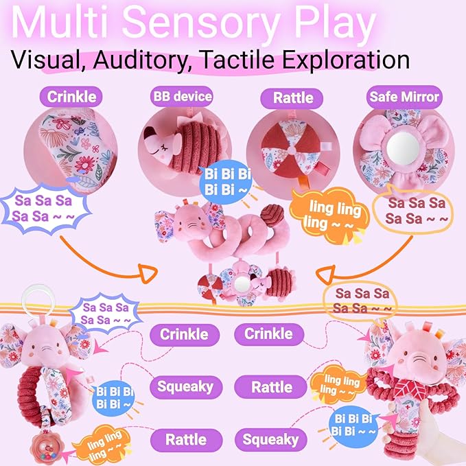 Baby Toys 0-6-12 Months Spiral Car Seat Toy, Infant Stroller Hanging Rattle Stuffed Animal Newborn Girl Boy Gift Easter Basket Stuffers Mirror Pink Elephant 3PCS