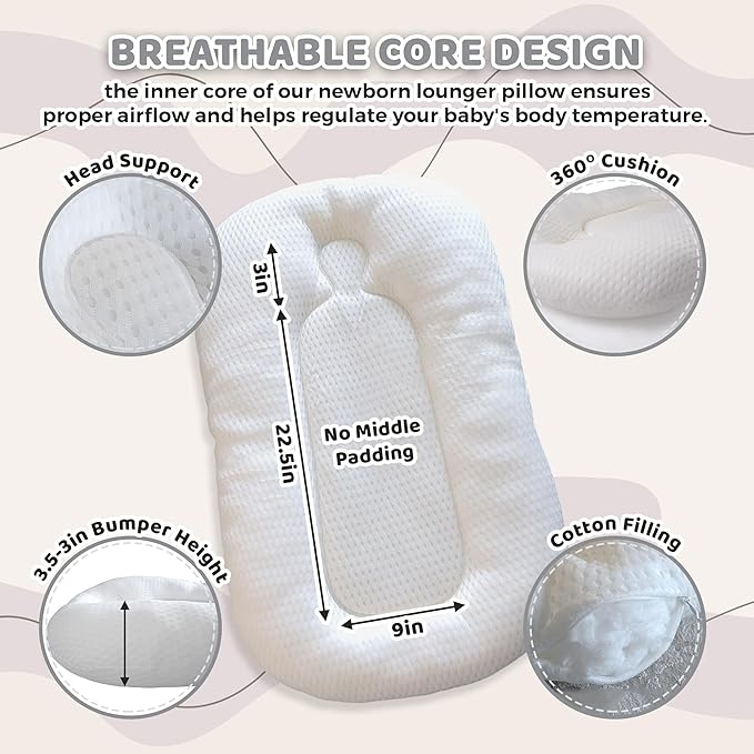 Baby Lounger Pillow for Newborn – Large Infant Lounger 0-24 Months | Anti-Startle Removable Wings, Breathable Mesh Core | 2-Sided Cotton & Minky Cover | Tummy Time Mat, Portable Baby Nest (Pink)