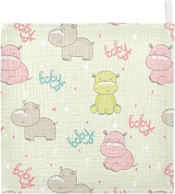 vvfelixl Baby Washcloths Cotton Cute Hippo Baby Muslin Washcloths Soft Baby Face Towel for Newborn Infants Baby Wipes, 11.8 X 11.8 Inch, 3 Pack Beige