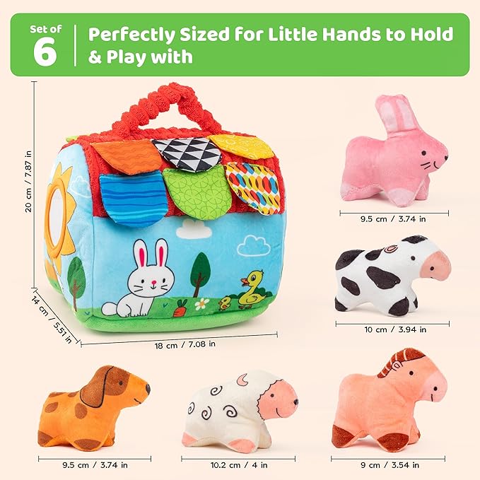 Baby Sensory Toys 6-12 Months, Montessori Stuffed Farm Animals with Rattle Crinkle Mirror, Soft Plush Toys for 6 Months+, Easter Basket Stuffers Gifts for Infant Boys Girls