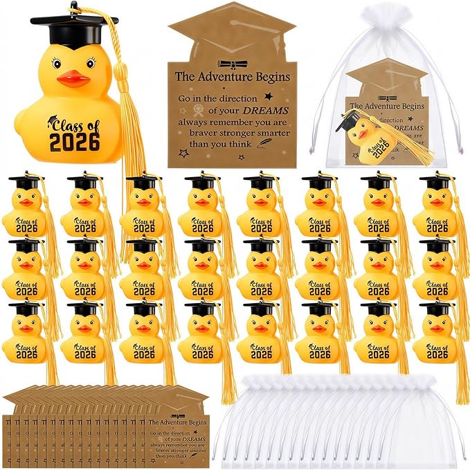 Yaomiao 24 Set Graduation Rubber Ducks with Grad Cap Bulk Class of 2026 Graduation Decorations with Card and White Organza Grad Rubber Ducks Gifts for Pool Swimming Party Favors