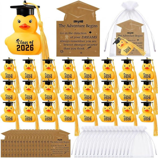 Yaomiao 24 Set Graduation Rubber Ducks with Grad Cap Bulk Class of 2026 Graduation Decorations with Card and White Organza Grad Rubber Ducks Gifts for Pool Swimming Party Favors