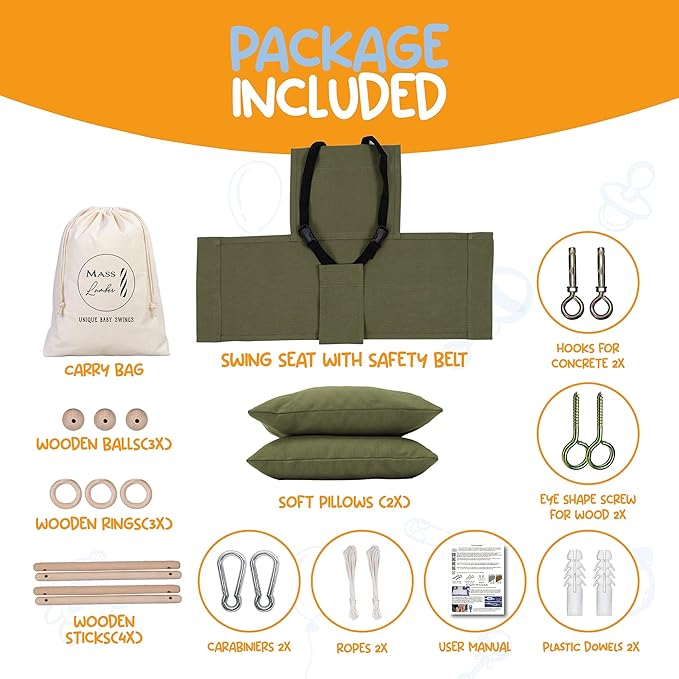 Indoor Outdoor Baby Swing with 3-Point Harness and Hardware for Ceiling, Porch, Doorway, Canvas Toddler Swing Seat Green