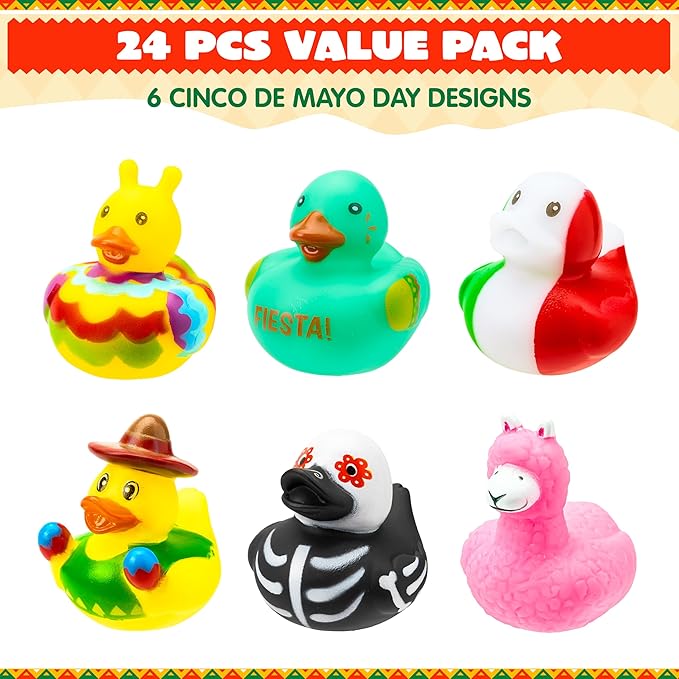 JOYIN 24 Pcs Mexican Fiesta Rubber Ducks for Party Favors Decoration, Cinco De Mayo Colorful Rubber Duck for Baby Shower, Bath Time and Dress-Up Play Duck Toys for Gifts