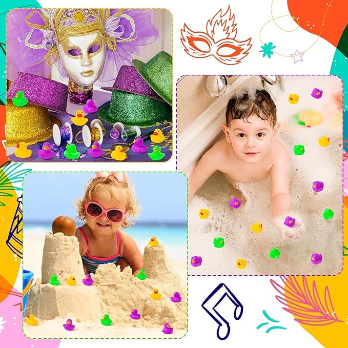 Haooryx Mardi Gras Rubber Ducks - 60Pcs Mini Bath Toys Colorful Miniatures Tiny Ducks Squeak Bathtub Float Ducky Mardi Gras Carnival Party Favors Game Reward Baby Shower Birthday Pool Party Decoration