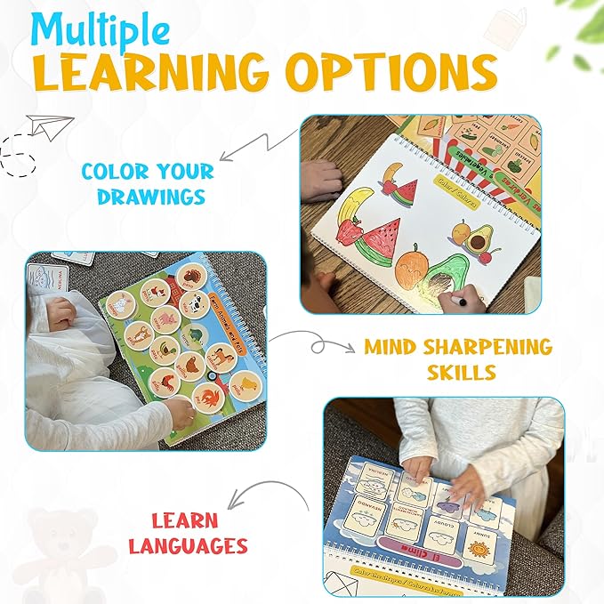 Busy Book for Toddlers 3 and Up – Preschool Learning Activities Bilingual Book in Spanish and English with 32 Activities – Educational Toddler Activity Book with 8 Color Markers