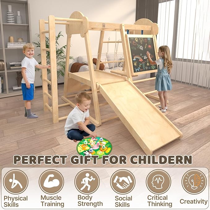 9-in-1 Indoor Jungle Gym, Montessori Indoor Playground for Toddlers,Wooden Climber Set with Swing, Slide, Monkey Bars, Climbing Neting, Upright Ladder, Climbing Ladder, Rings, Black Board, Dart Board