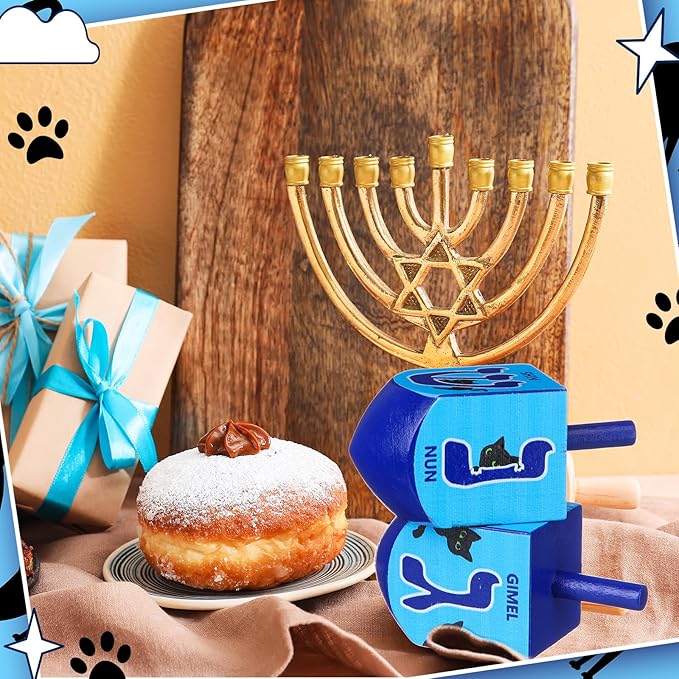 Wonderjune 2 Pcs Hanukkah Dreidels Extra Large Wooden Dreidel for Hanukkah Decoration with English Transliteration, Forever Spinning Tops Party Favors(Cat)