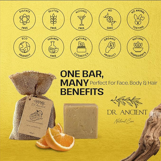 Dr.Ancient Citrus Soap Bar, Organic Soap Bars Handcrafted the Traditional Way, Natural Chemical-Free, Vegan, Used for Face Wash, Body Wash, and Hand Cleansing, Refreshing, Exfoliating