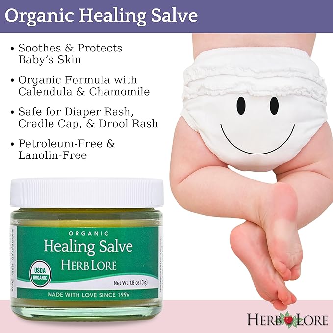Herb Lore Healing Salve Ointment - Organic Baby Diaper Rash Cream – Natural Soothing Balm with Calendula for Cradle Cap, Drool Rash, Dry & Irritated Skin, Face & Body (1.8 oz)
