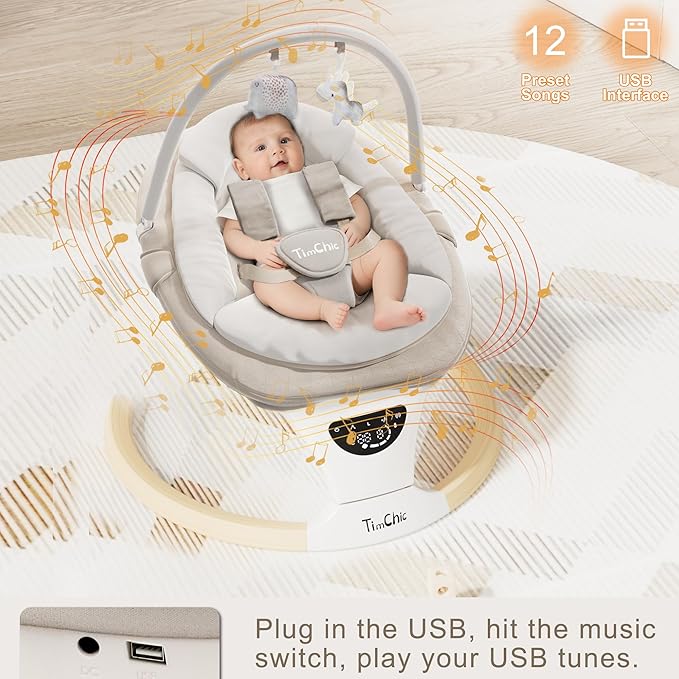 Baby Swings for Infants, Portable Infant Swing with 5-Speeds, 3-Adjustable Height, 3 Timer & 12 Lullabies, Mutil-Function Electric Swing for Baby, Indoor & Outdoor Use (Beige)