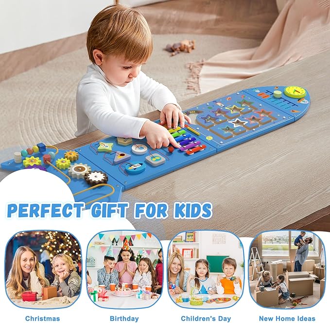 Spacocld Montessori Busy Board - Blue Rocket Activity Wall Panels, Wall Toys for Toddlers 3+, Sensory Panels for Kids, Wooden Activity Cubes, Playroom Daycare Toys, Toddler Sensory Board (4PCS)