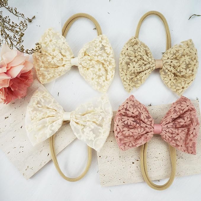 Baby Bow Headband Nylon Hairbands Stretchy Baby Hairbands Hair Accessories for Newborn Infant Toddlers Kids (4, 4 Colors)