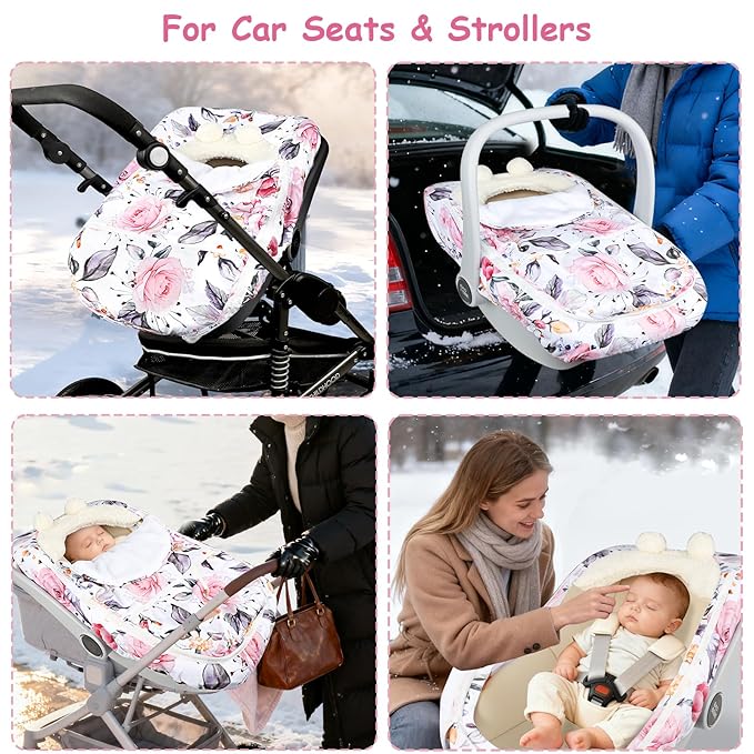 Pea Pod Winter Car Seat Cover for Baby, Infant Car Seat Canopies Cover for Newborn, Warm Plush Fleece Inner Protect Baby from Cold Wind, Stylish Floral