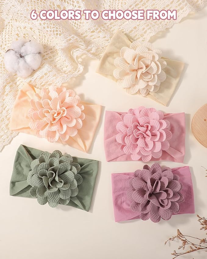 jollybows 6pcs Baby Girls Flower Hair Headbands Nylon Hair Bands Elastic Hair Accessories for Newborn Kids Infants Toddlers Light Color