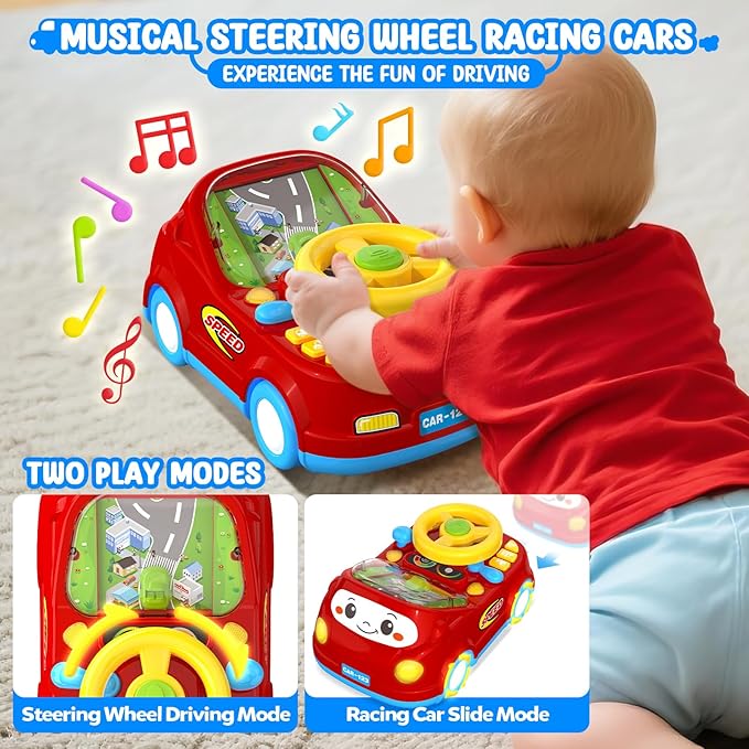 Toys for 1 Year Old Boy Gifts - 2-in-1 Toddler Push Car & Musical Racing Adventure Steering Wheel Driving Game, Interactive Simulated Driving Car for Baby 12-18 Months, Birthday Gift Ages 1-2,Dark Red