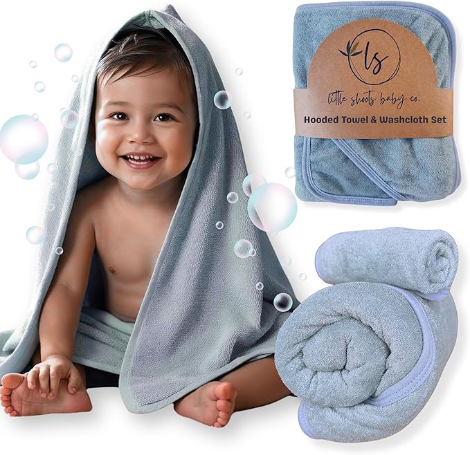 Hooded Baby Toddler Towel and Washcloth Set Made with Viscose from Bamboo, Large Size of 35" x 35", Soft and Absorbent, Baby Essential in Jean