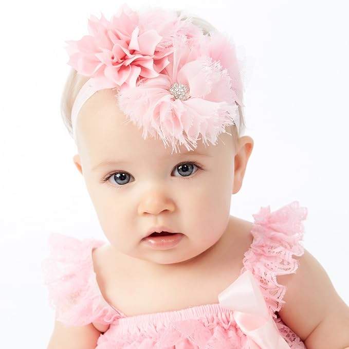 My Lello Headband Shabby Fabric Flower Cluster Baby - Infant - Toddler - Girl Stretchy Elastic Light Pink/White