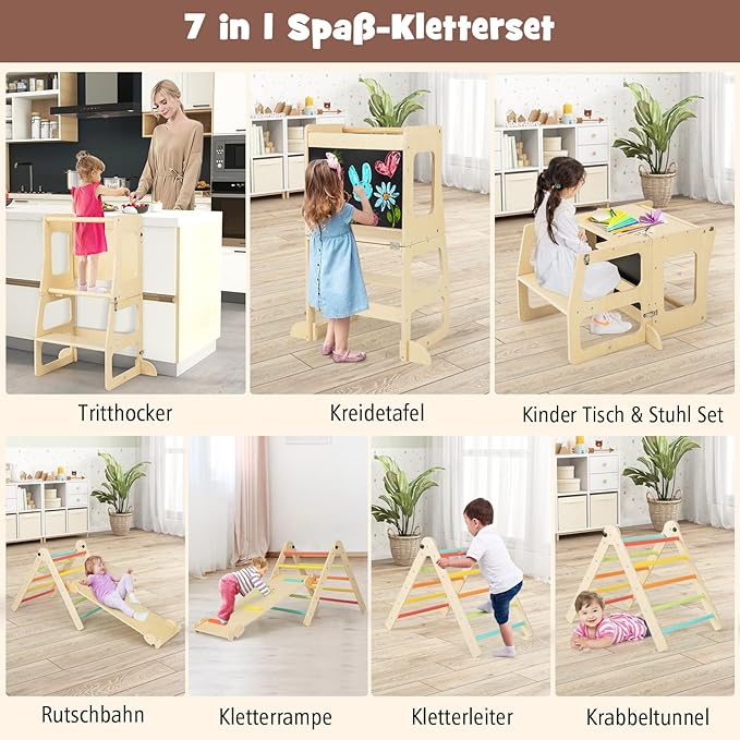 COSTWAY Climbing Triangle with Slide, 7-in-1 Indoor Climbing Frame for Children from 3 Years, Includes Climbing Triangle Foldable & Height Adjustable, Reversible Ramp, Step Stool Convertable,