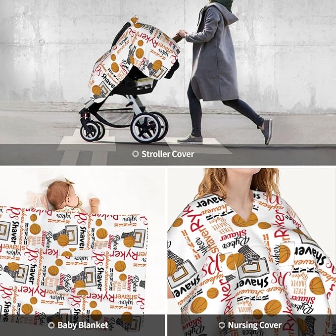 Personalized Basketball Sports Baby Car Seats Canopy for Babies with Name, Custom Monogram Car Seat Cover for Boys Girl, Opening Minky Nursing Breastfeeding Cover Infant Carseat Canopies for Newborn