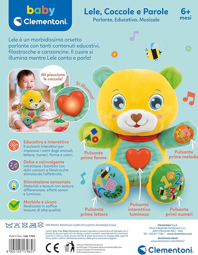 Clementoni Baby Lele Hugging and Words, Interactive Speaking Plush Animal for Children from 6 Months, Activity Centre that Stimulates Sensory and Cognitive Development, Italian