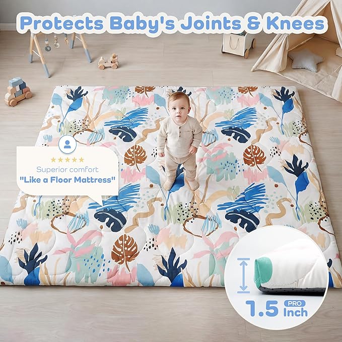 1.5" Thicker Baby Play Mat for Floor, 59x71 Removable & Machine Washable Cover Playpen Mat Softness Foam Mats, Easy-Clean Hygienic, Comfort Safety Kids Crawling (Tummy Time Leaves)