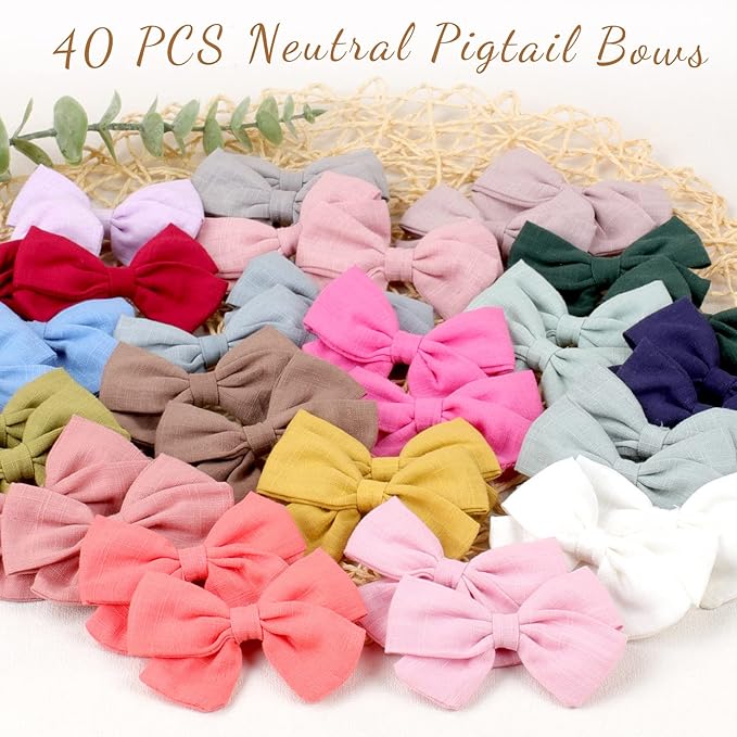 OAOLEER 40Pcs 3.5Inch Hair Bows for Toddler Girls - Linen Neutral Pigtail Bows Double Bun Ponytail Bows Alligator Clips Hair Barrettes Accessories for Baby Little Girls Kids in Pairs