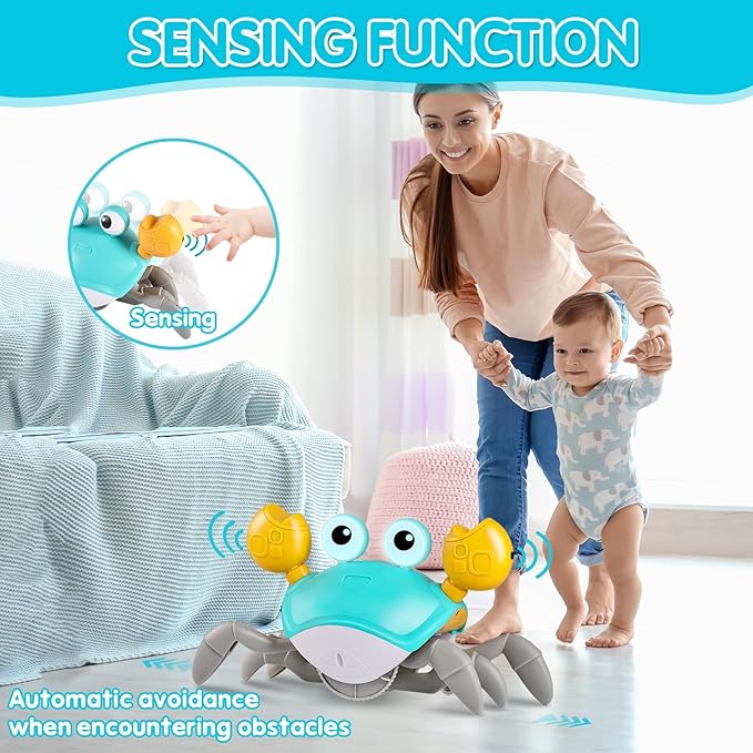 Crawling Crab Baby Toys with Music&Speed Control, Tummy Time Toys for 4 5 6 7 8 9 10 11 Boy Girl Easter Basket Stuffers, Dancing Walking Crawly Crab for Baby Toddler Infant 6-12-18 Months Kid 1-3