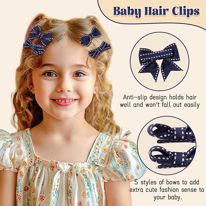 YHXX YLEN Hair Bows for Girls 10 PCS Fully Lined Navy Blue Hair Clips Tiny 2" Grosgrain Stitch Edge Alligator Clips for Baby Girls Infants Toddlers in Pairs
