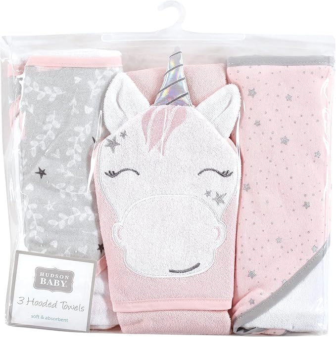 Hudson Baby Unisex Baby Cotton Rich Hooded Towels, Pink Unicorn, One Size