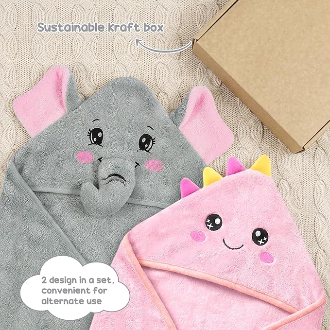 2 Pack Hooded Baby Towels Soft Absorbent Coral Fleece Baby Bath Towels with Animal Hood 32x32 Inch Toddler Bath Towel for 0-3 Years Newborn Baby Shower (Grey Elephant & Pink Dinosaur)