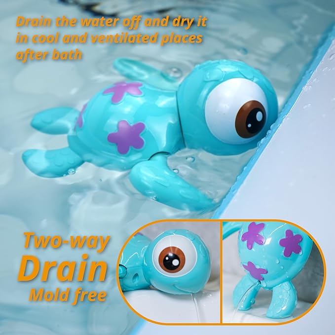 DUCKBOXX XX Wind-up Swimming Sea Turtles Bath Toy, No Battery Mold-Free Anti-Rust Interactive Montessori Toy for Kids 18M+ (Blue)