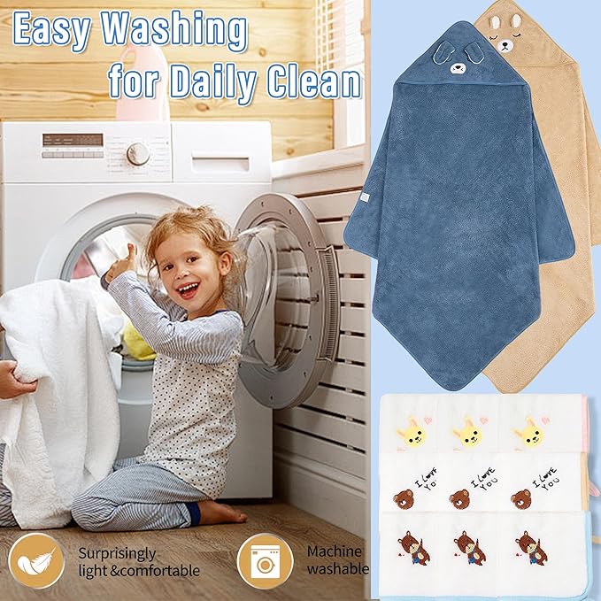 Hooded Towel for Baby, 2 Pack Coral Fleece and 9 Baby Washcloths, Soft and Absorbent Baby Towels Large 35.5x35.5 Inch Shower Towel Gift for Newborns, Infants and Toddlers (Navy Blue Dog+Brown Bear)
