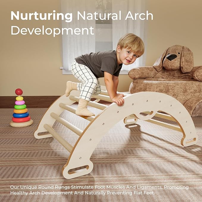 LINKHOO Pikler Triangle Set of 3, Wooden Montessori Climbing Set for Toddlers Ages 2-6, Indoor Jungle Gyms with Arch, Ramp and Ladder, Natural