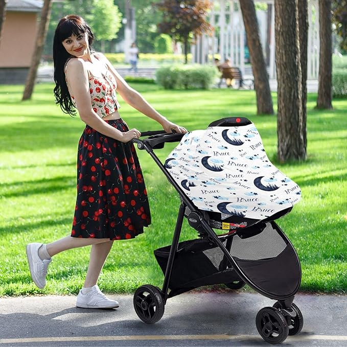 Personalized Baby Car Seat Cover for Boys Girls, Custom Nursing Covers for Breastfeeding with Name, Moon Forest Infant Stroller Cover, Baby Carseat Canopy for Newborn, Multiuse Car Seat Canopies