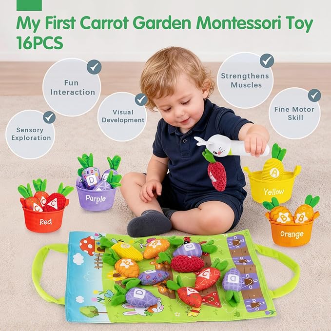 Montessori Toys for 1 Year Old, My First Carrot Garden Baby Toy with Color Sorting, Crinkle & Rattle, Fine Motor Skills, Educational Sensory Toys for 1 2 3 Year Old Boy Girl Gifts Birthday Easter