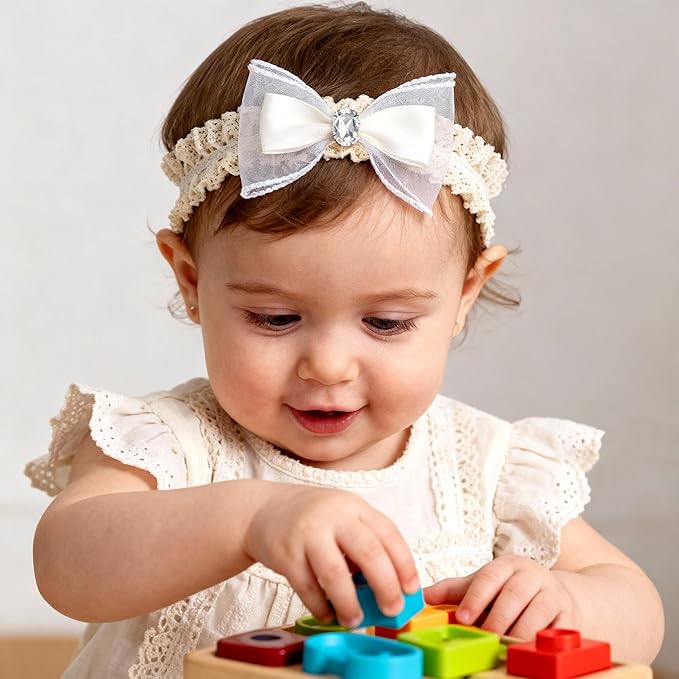 Baby Girls Hairbands bows Headband Stretchy Soft Flower Hairband Toddler Handmade Headbands with Pearls Elastic Headband for Infant Toddler Girl Hair Accessories (Diamond Bow, Elastic)